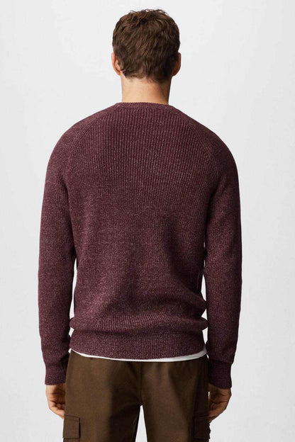 Mango burgundy crewneck knit sweater on model, back view