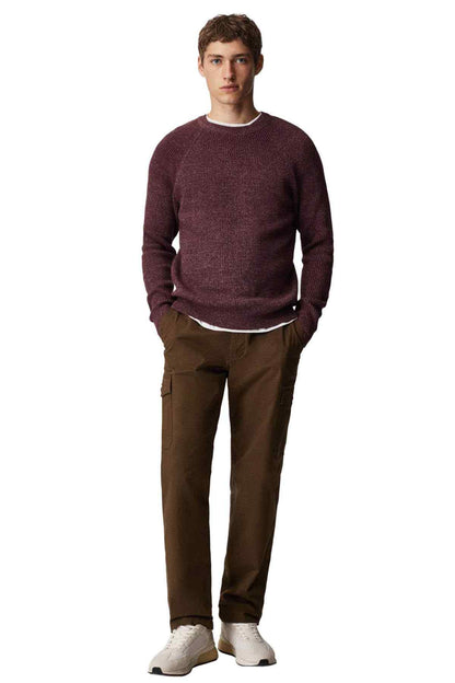 Mango burgundy crewneck knit sweater on model, front view with ribbed cuffs