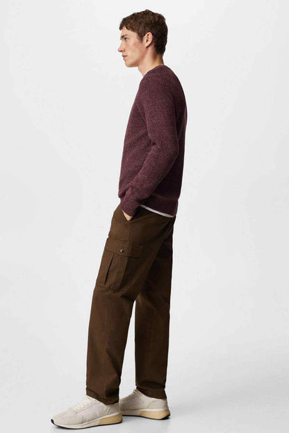 Mango burgundy crewneck knit sweater on model, side profile