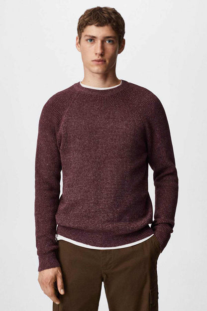 Mango burgundy crewneck knit sweater on model, long sleeves and ribbed hem