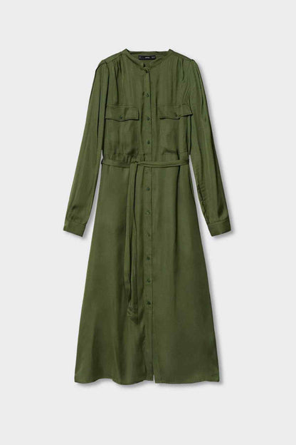 Olive-green button-front midi shirt dress with tie belt and long sleeves