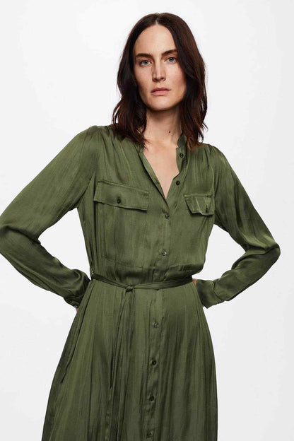 Olive-green button-front midi shirt dress with chest pockets and waist belt