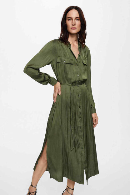 Olive-green button-front midi shirt dress with waist belt and side slit