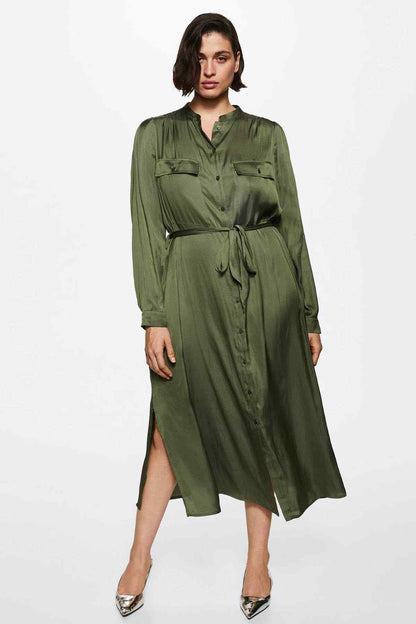 Olive-green button-front midi shirt dress with waist belt and side slit