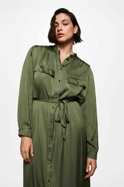 Olive-green long-sleeve shirt dress with chest pockets and tied waist belt