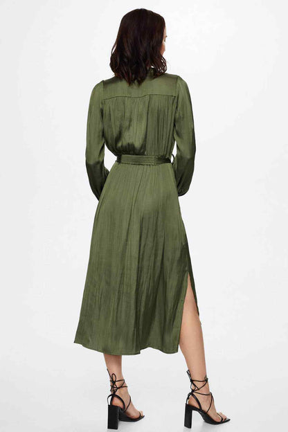 Olive-green midi shirt dress from back view with waist tie belt