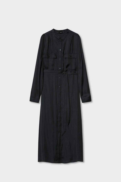 Black long-sleeve shirt dress with button placket, flap pockets, and waist tie
