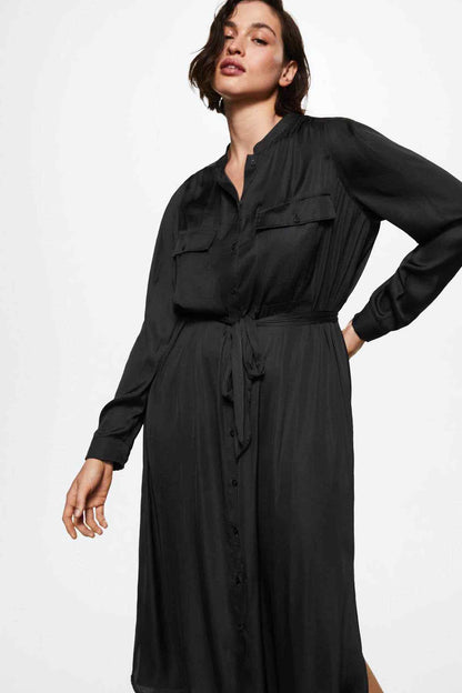 Black shirt dress, V-neck button front with waist tie and chest flap pockets