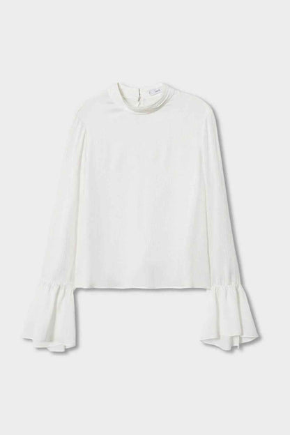Off-white blouse laid flat with round neckline and long bell sleeves with ruffled cuffs.