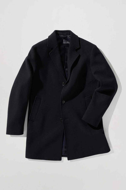 MANGO navy overcoat with notched lapels and button front