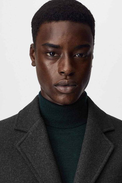MANGO dark heather grey overcoat collar and notch lapels