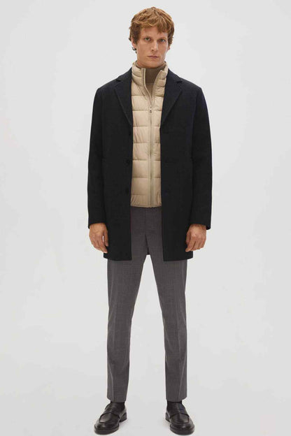 MANGO dark overcoat with notch lapels and single-breasted button front