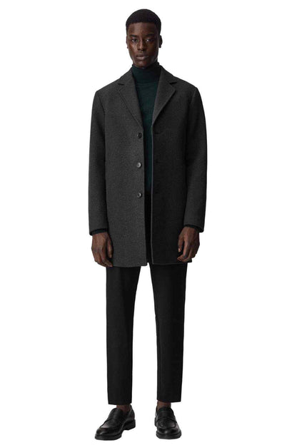 MANGO dark heather grey overcoat, long length, notch lapels and side pockets