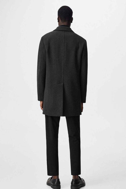 MANGO dark heather grey overcoat, back view, long sleeves with button closure
