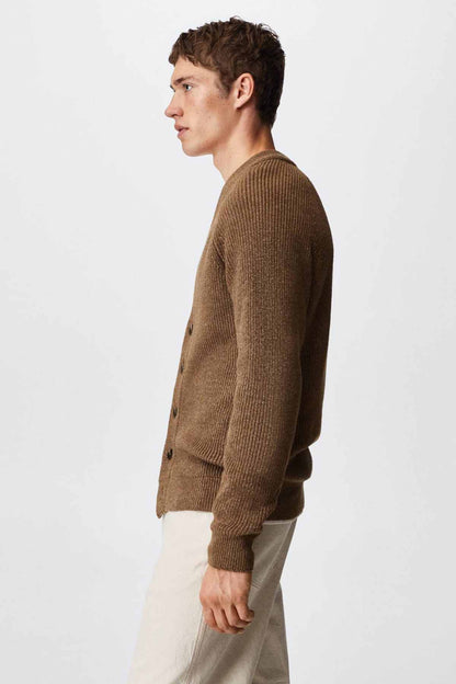 Beige knit cardigan sleeve and side profile with button front