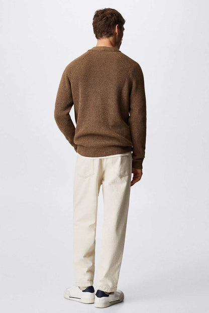 Men's beige knit cardigan, back view, V-neck button-front