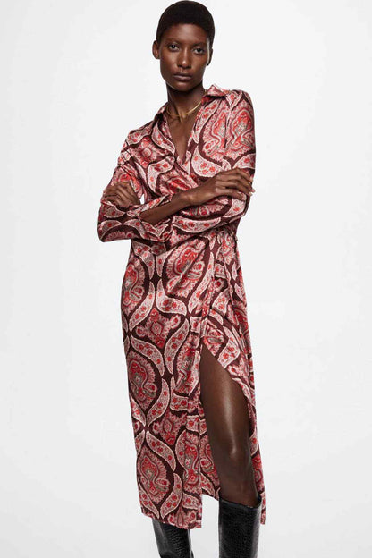 Red paisley print belted midi shirt dress, long sleeves, V-neck, front slit