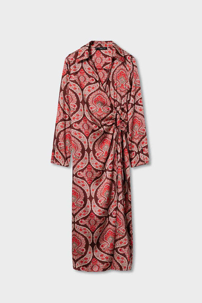 Red paisley print belted shirt dress with long sleeves and tie waist, front view