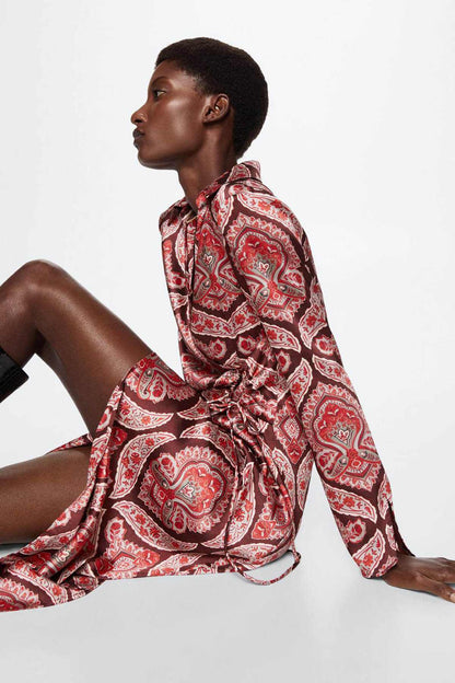 Red paisley print belted midi shirt dress with long sleeves and gathered tie waist