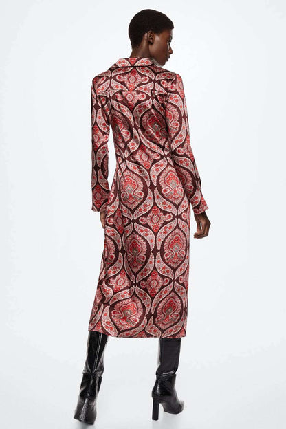 Red paisley print belted midi shirt dress, back view with long sleeves and collar