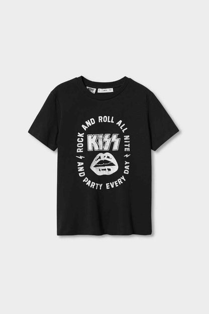 Black crew-neck graphic T-shirt with white KISS and ROCK text