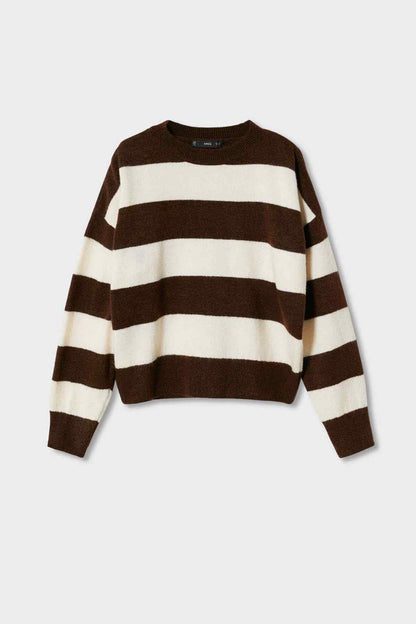 MANGO striped knit sweater, brown and cream horizontal stripes, crew neck, flat lay.