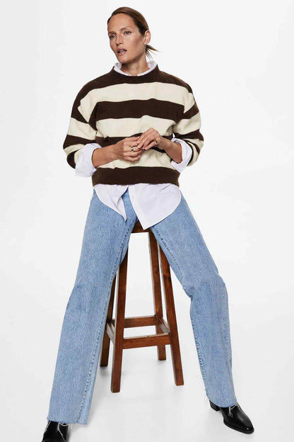 MANGO striped crewneck sweater with brown and cream horizontal stripes, long sleeves.