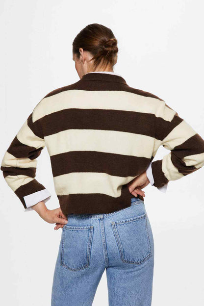 MANGO striped sweater, brown and cream horizontal stripes, crew neck, back view.