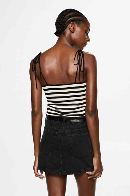 MANGO striped cami top with tie-back spaghetti straps (back view)