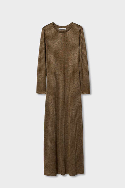Brown crew-neck long-sleeve midi knit dress, flat lay on light background