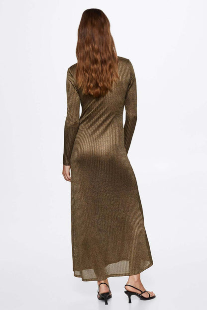 Brown long-sleeve midi knit dress, back view with fitted shape and flowing skirt hem