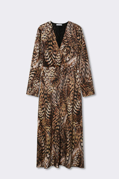 Flat-lay animal-print midi dress with V-neck, long sleeves, and belt tie