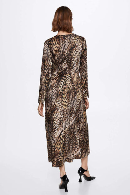 Back view of brown animal-print midi dress with V-neck and long sleeves