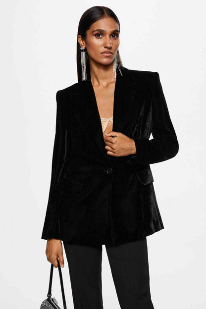 Black velvet blazer with notched lapels, single-button front, long sleeves