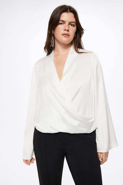 Off-white long-sleeve blouse with draped cowl V neckline