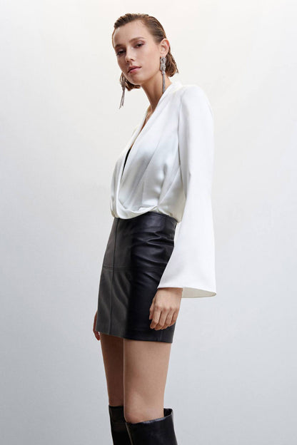 Off-white draped crossover V-neck blouse with long sleeves