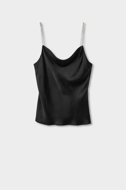 Black satin camisole top with thin chain straps, front view