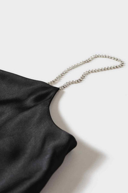 Black satin camisole top neckline with rhinestone chain strap