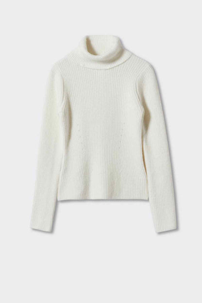 Ecru long-sleeve ribbed turtleneck sweater, cropped