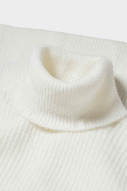 Ecru turtleneck knit sweater close-up of ribbed collar texture