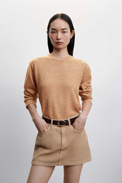 Medium brown knit sweater with matching denim mini skirt and belt