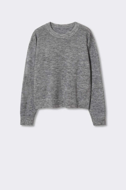 Heather grey knit crewneck sweater flat lay, long sleeves, ribbed hem