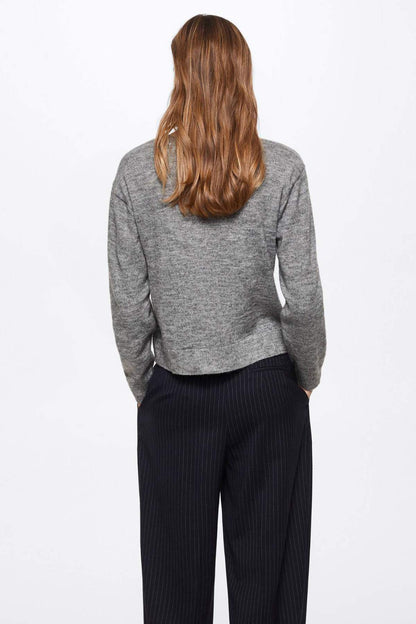 Heather grey knit crewneck sweater, long sleeves, ribbed cuffs (back view)