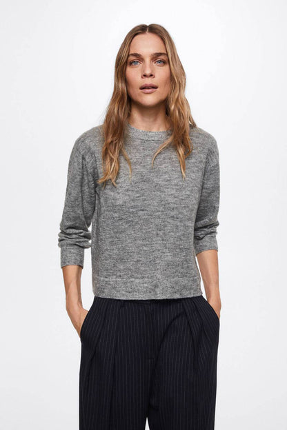 MANGO heather grey knit sweater with crew neck and ribbed cuffs
