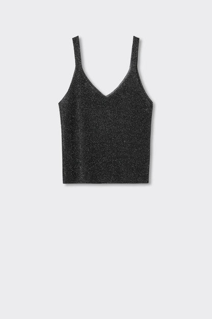 Black glitter V-neck tank top, sleeveless, front view
