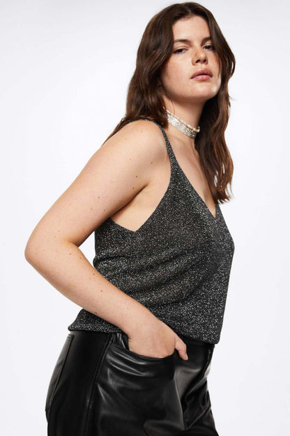 Black glitter tank top with wide straps and V-neckline