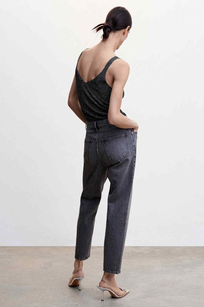 Back view black glitter tank top with V-neck and wide straps