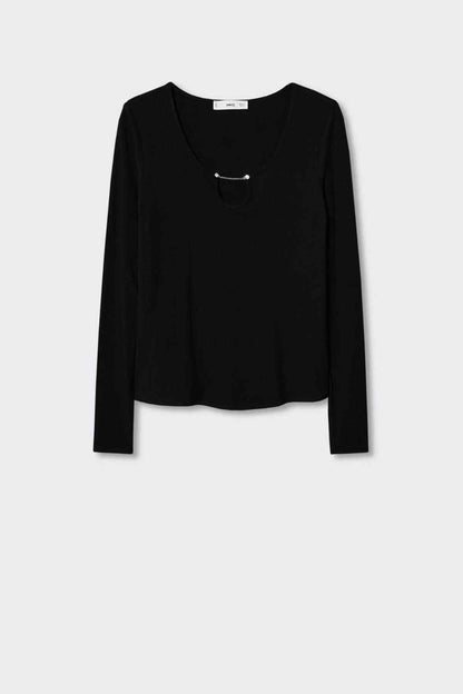 Black long-sleeve knit top with keyhole neckline, flat lay