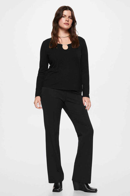 Black long-sleeve knit top with keyhole neckline