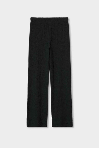 Black wide-leg trousers, flat lay, full length straight-to-flare silhouette